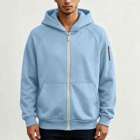Men's Full Zip Hoodie with Built-in Backpack Pocket, Raglan Sleeve Utility Sweatshirt for Commute & Streetwear
