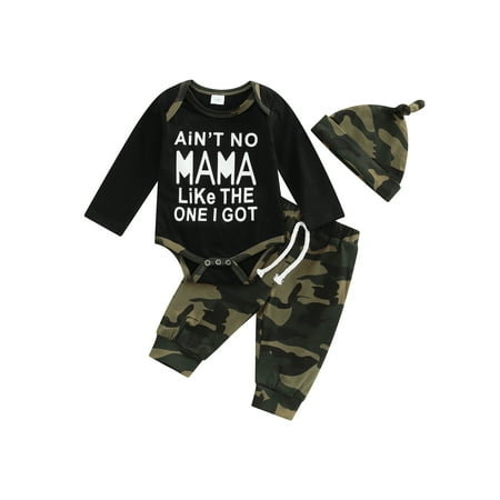 

Karuedoo Infant Baby Boys Clothes Letter Print Long Sleeve Romper+Camouflage Long Pants+Hat Outfits Black 0-3 Months