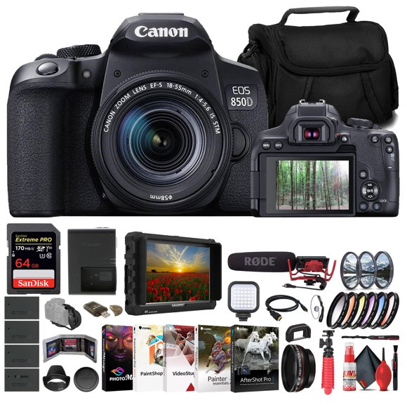 Canon EOS 850D / Rebel T8i DSLR Camera with 18-135mm Lens (3924C002) + 4K Monitor + Rode VideoMic + 64GB Memory Card + Filter Kit + Wide Angle Lens + Color Filter Kit + Lens Hood + Charger + More