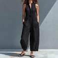thumbnail image 3 of Women's Cotton Linen Jumpsuit, Sleeveless Stand Collar Loose Jumpsuit with Pockets, Casual Wide Leg Overalls, Summer Casual Jumpsuit and Work Jumpsuit for Women​-Black, 3 of 7