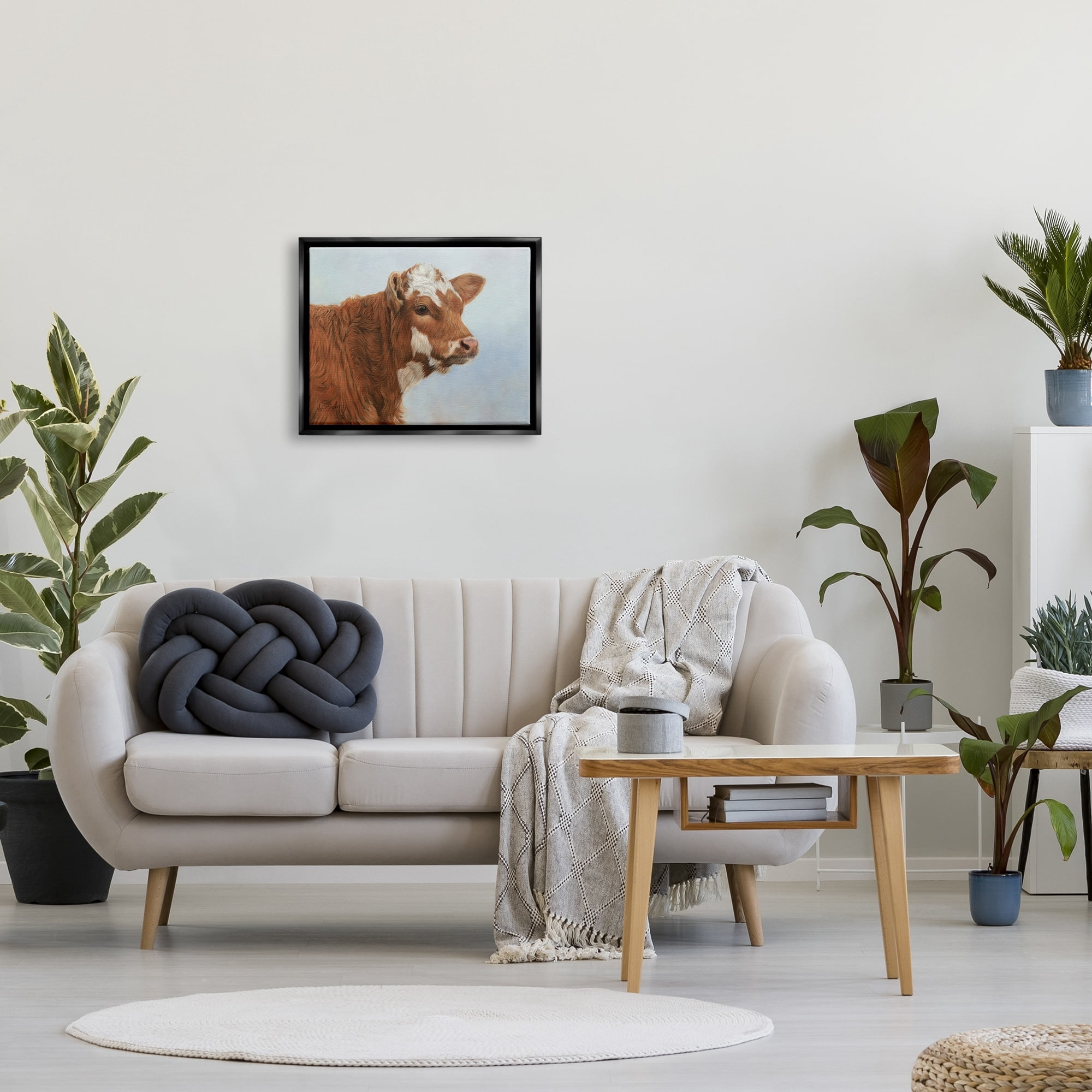Stupell Industries Brown Dairy Cow Detailed Farm Animal Painting Painting Jet Black Floating Framed Canvas Print Wall Art, Design by David Stribbling