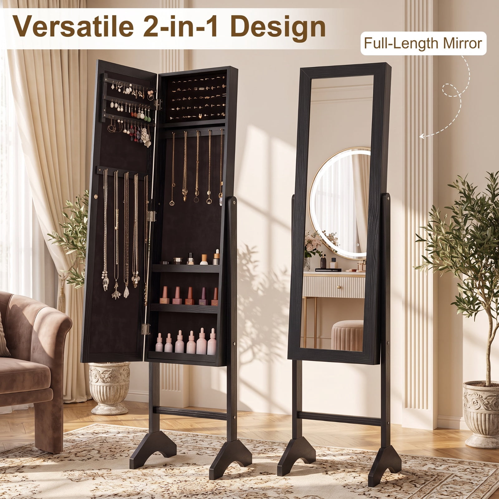 Furnibear Freestanding Jewelry Armoire with Velvet Lining and Full Length Mirror for Bedroom Dressing Room Jewelry Necklace Rings Storage, Black