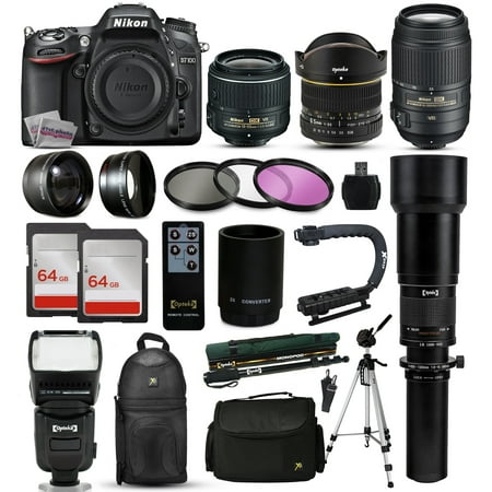 Nikon D7100 DSLR Digital Camera + 18-55mm VR II + 6.5mm Fisheye + 55-300mm VR + 650-2600mm Lens + Filters + 128GB Memory + Action Stabilizer + i-TTL Autofocus Flash + Backpack + Case + 70" Tripod