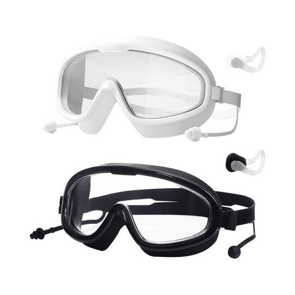 2 Goggles De Natación Gafas Adultos Con Tapones Y Clip Nariz Malubero Blanco y Negro