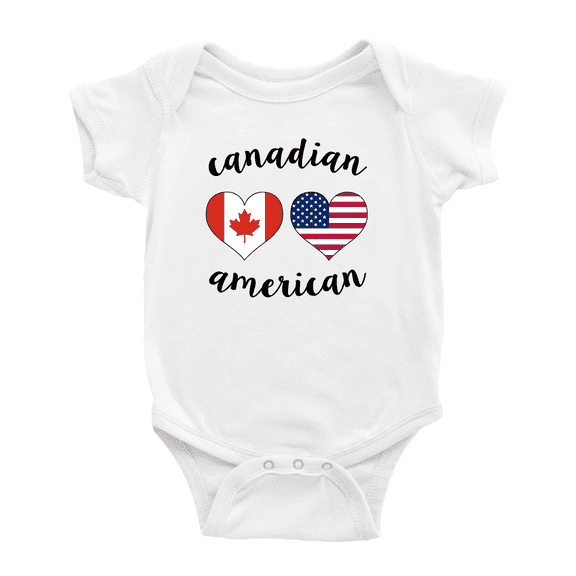 Canadian American Flag Two Hearts Baby Romper Bodysuit (White, 6-12 Months)