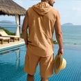 thumbnail image 4 of HBGVBA Mens Summer Set Solid Color Loose Linen Pocket Elastic Waist Shorts Button Hooded Tank Top Shirt 2 Piece Beach Set, 4 of 5