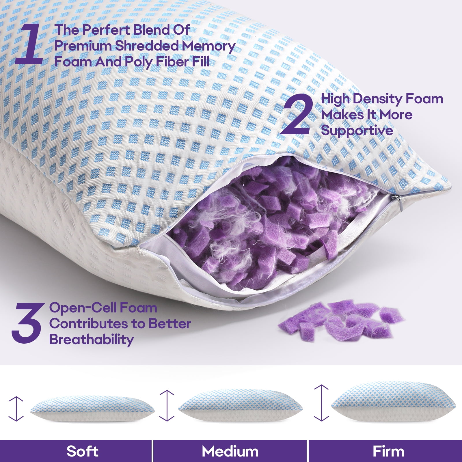 SORMAG Cooling Pillows for Bed Sleeping Shredded Memory Foam Pillows Queen Size Set of 2 Pack 20 x 30 inches