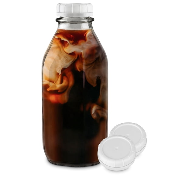32 oz Glass Milk Bottles w/ 3 white caps (1 pack) - Food Grade Milk Jars with Lids - Dishwasher Safe - Bottles for Milk, Buttermilk, Honey, Maple Syrup, Jam, Barbecue Sauce