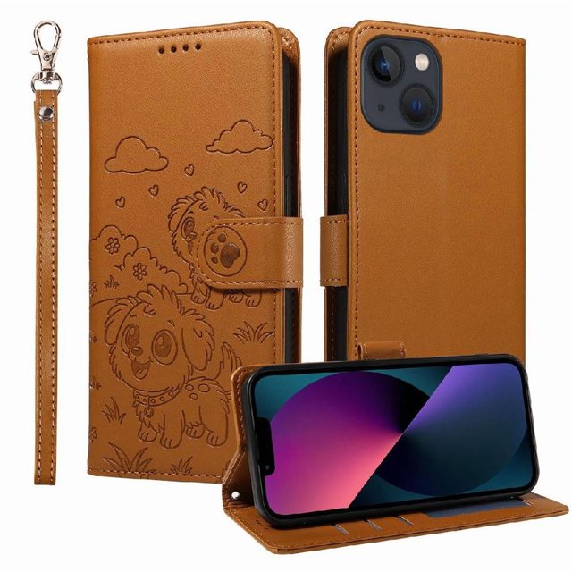Funda Cartera GANGXUN con Diseño de Perrito en Relieve para iPhone 14 Plus , Protección 360° con Ranuras y Correa Desmontable