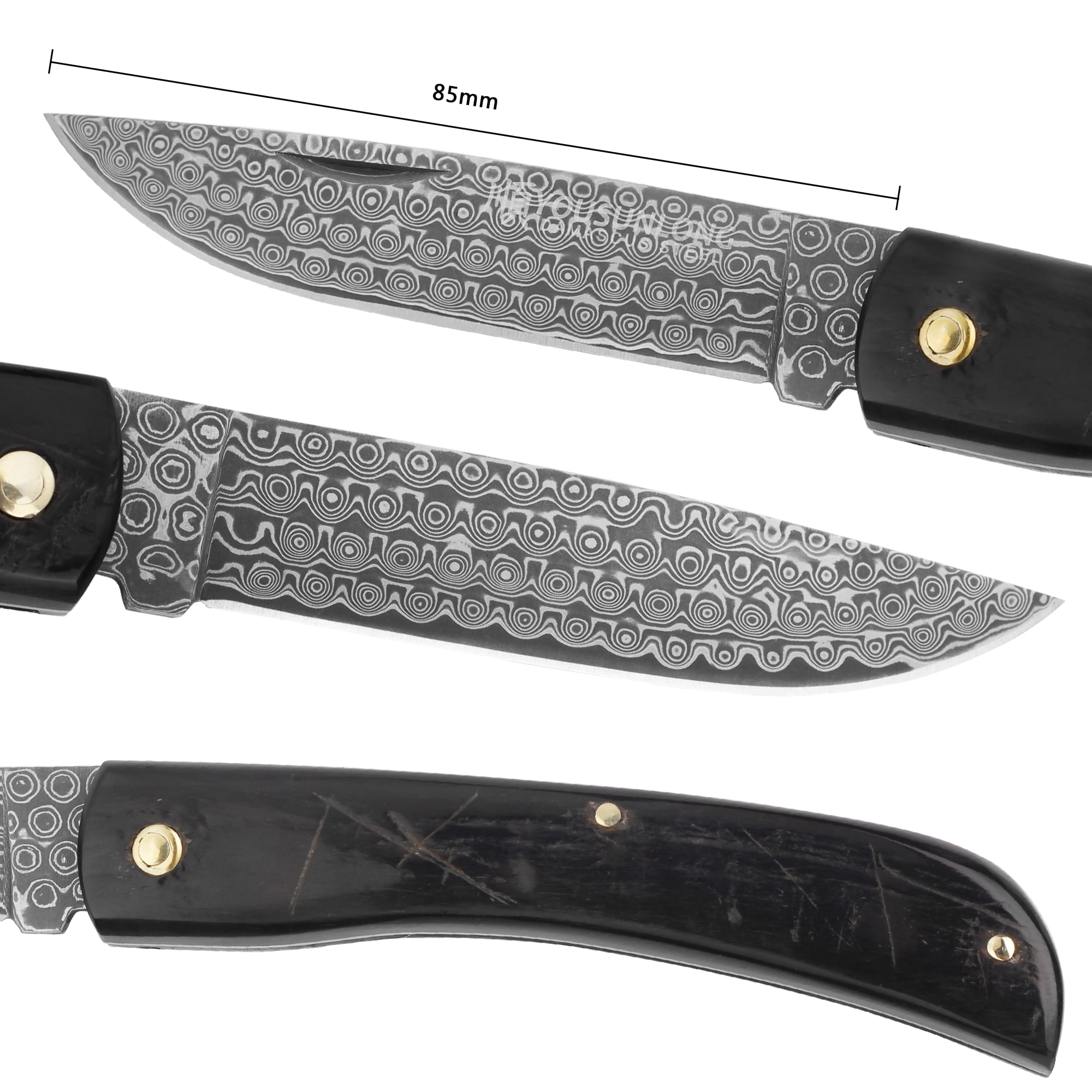 YOUSUNLONG Folding Knife - Pocket Knife Overall 190mm Japanese Damascus Steel Blade Natural Buffalo Horn Handle