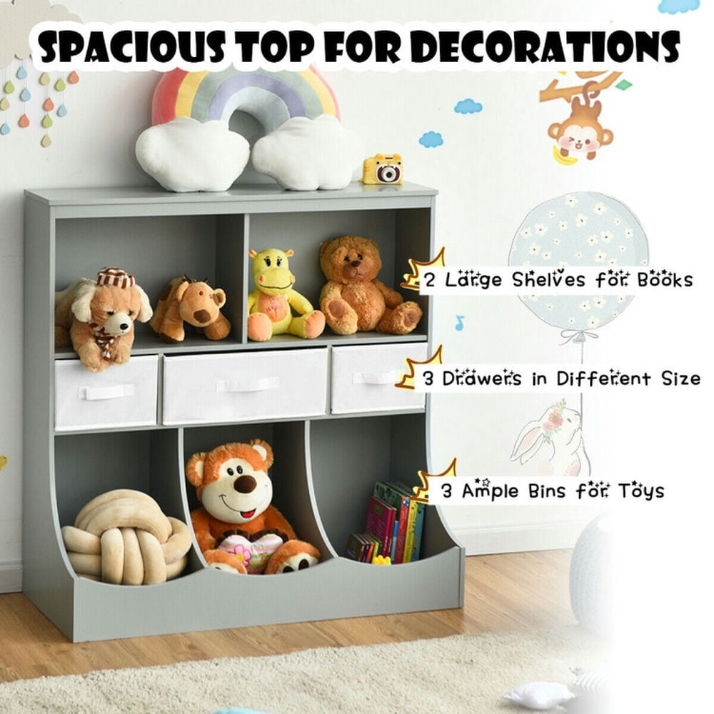 Resenkos Freestanding Combo Cubby Bin Storage Organizer Unit W/3 Baskets-Gray, Kids Toy Storage for Kids, Boys, Girls, Nursery