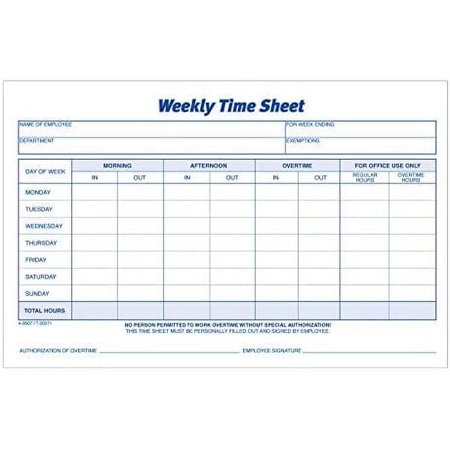 Adams Time Sheet, 9 x 5.5 Inch, Weekly Format, 2-Part, Carbonless, 100-Pack, White, Canary (NC9507)