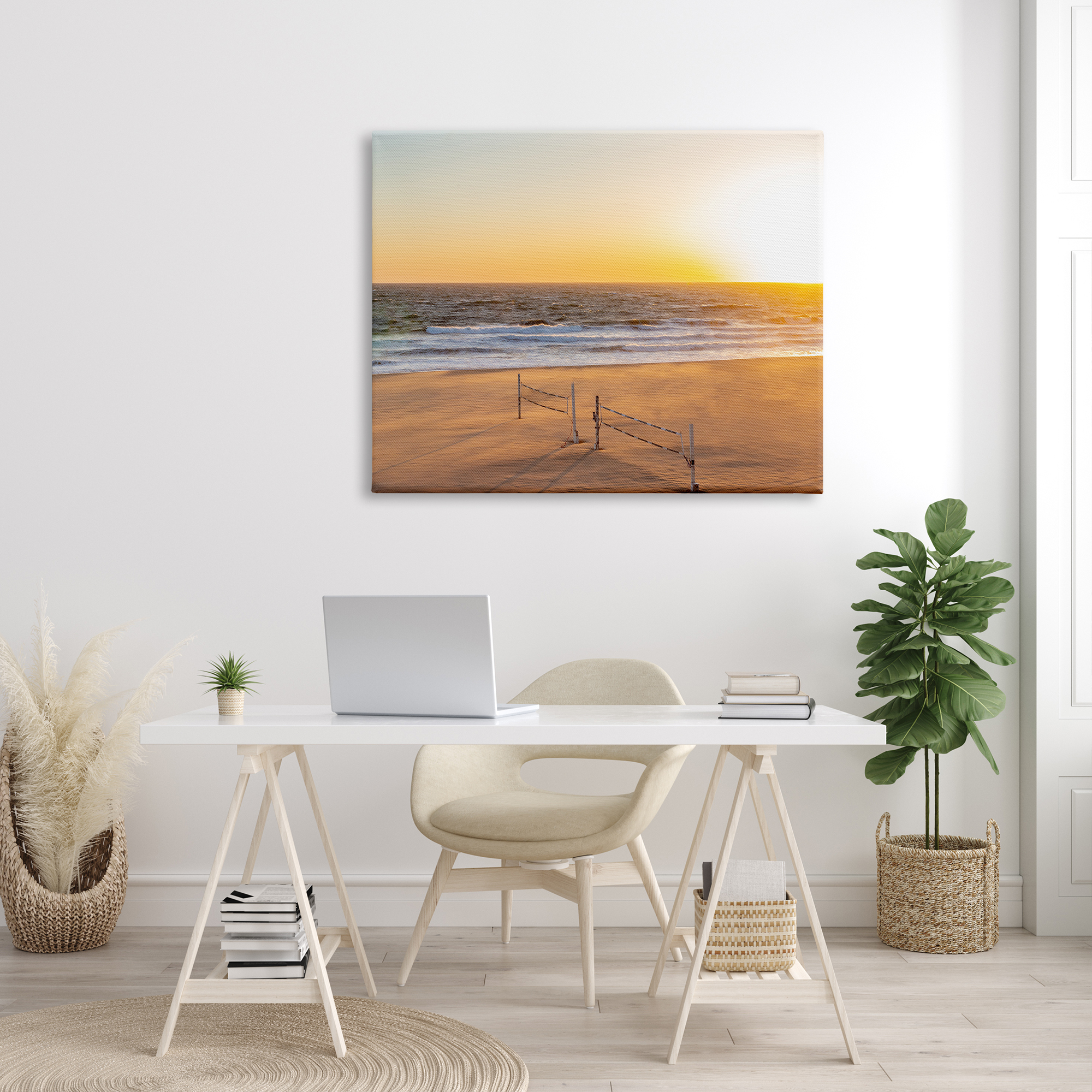 Stupell Industries Radiant Sunset Beach Volleyball Nets Ocean Shoreline Photograph Gallery Wrapped Canvas Print Wall Art, Design by Jeff Poe Photography