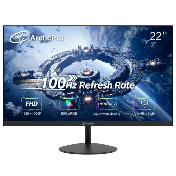 ArcticPro 22inch Computer Monitor, FHD 1080p, 100Hz Office and Gaming Monitor, 4ms Response Time, 3-Sided Frameless, Ultra Slim, VESA Mountable, Anti-Blue Light Design, HDMI, VGA,