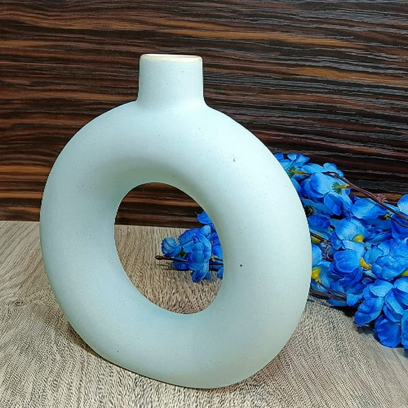 India Meets India Ceramic Vase [Sky Blue], Modern Minimalistic Donut Circle Vase, Decorative Hollow & Pampas Dried Flowers Vase for Home Decoration/Living Room/Bedroom/Office/Table/Bookshelf, 9 INCHES