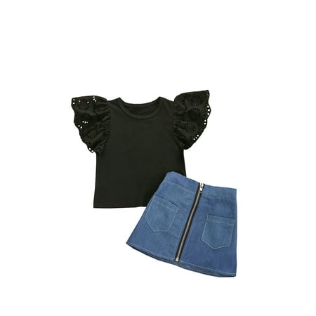 

Gureui Toddler Baby Girl Skirt Suit Fashion Solid Color Fly Sleeve T-shirt + Zipper Denim A-line Short Skirt 2Pcs Clothes Set