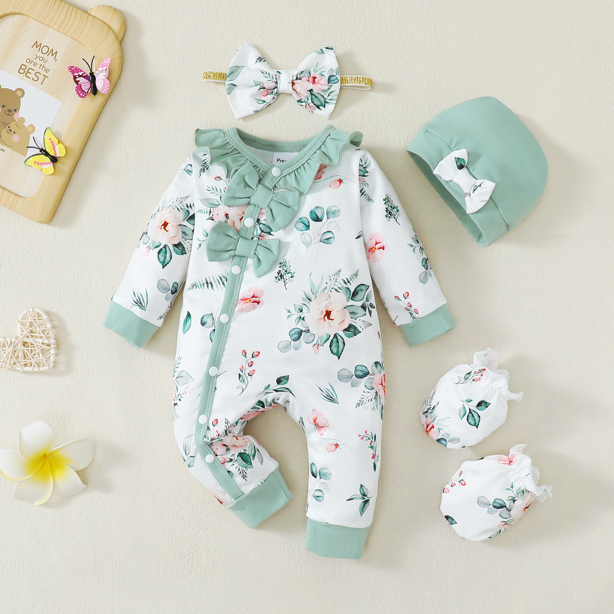 Kimi Bear Baby Girl Long Sleeve Floral Romper Set, Green photo 4