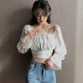 thumbnail image 2 of Prettyui Puff Long Sleeve Floral Print Crop Tops for Women Ruffle Ruched Blouse Top, 2 of 6