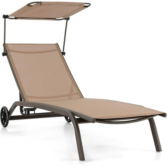 THJTDH Chaise Lounge with Wheels & Adjustable Canopy Shade, Outdoor Mobile Tanning Chair with Cup Holder, Recliner Chair for Patio Poolside Lawn Beach