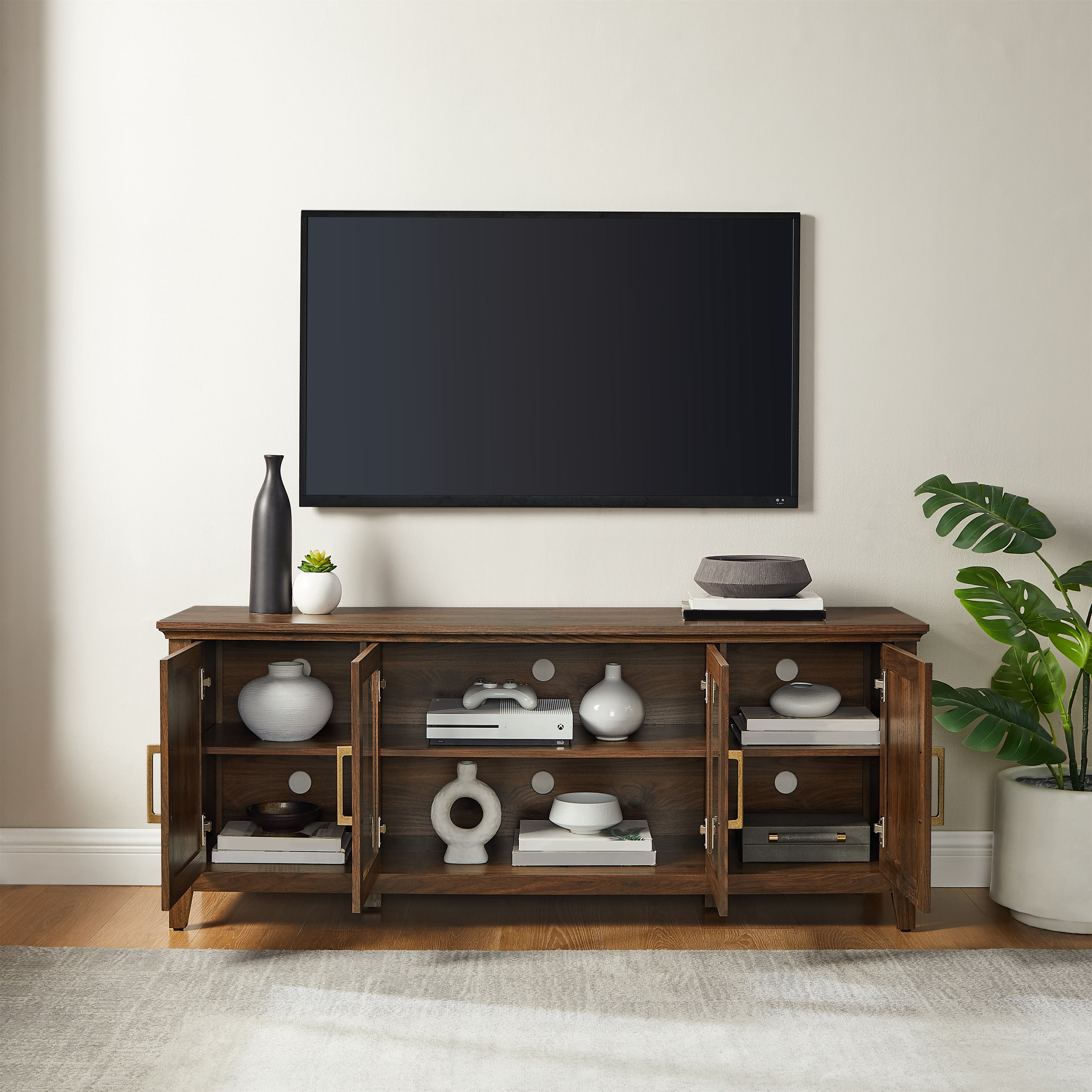 Mainstays Traditional TV Stand with Glass Doors, for TVs up to 65 in, Walnut Finish