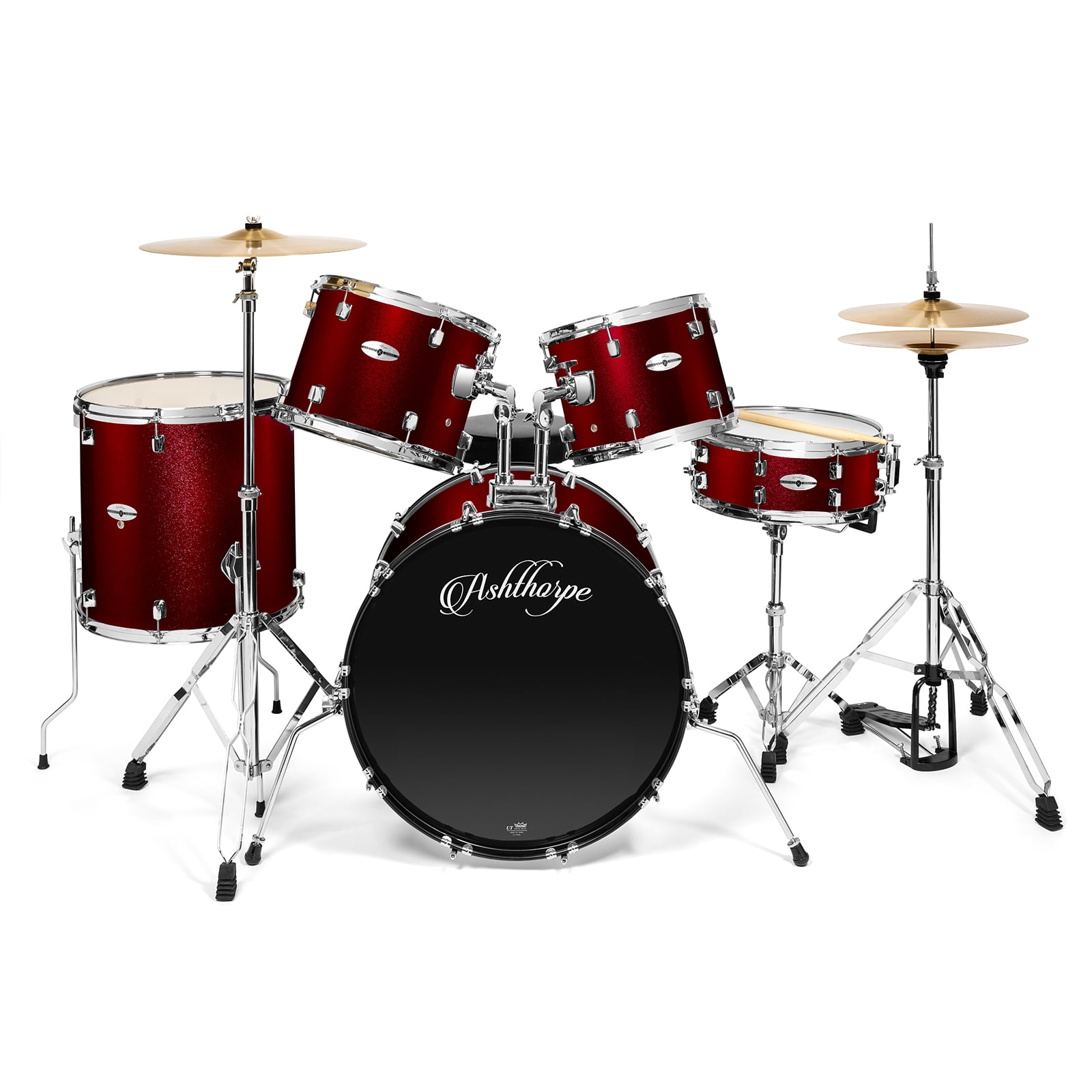 Ashthorpe 5-Piece Full-Size Adult Drum Set with Remo Drumheads & Premium Brass Cymbals - Red