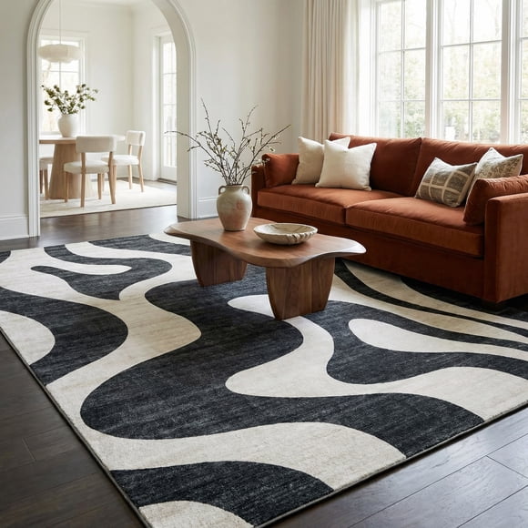 Rug Branch Eclipse Abstract Zebra Print Indoor Area Rug, Black White, Minimalist - Living Room, Bedroom, Dining Room, and Office