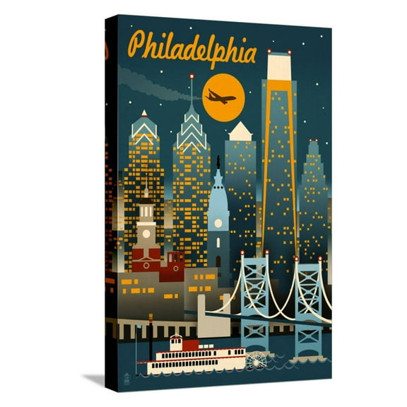 Art.com Philadelphia, Pennsylvania - Retro Skyline Stretched Canvas Print Wall Art by Lantern Press, 12" x 18"