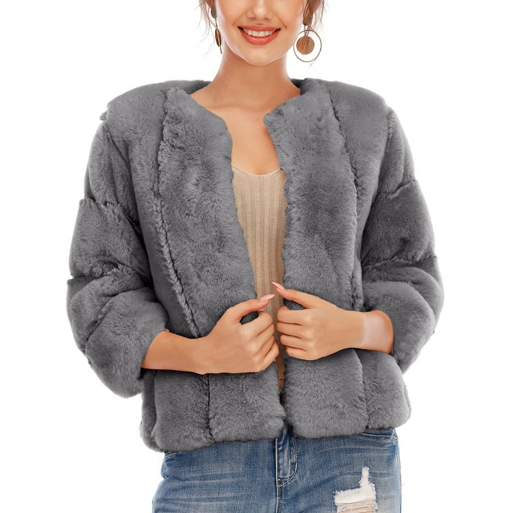 Women Plus Size Short Faux Fur Coat Warm Furry Jacket Long Sleeve Outerwear Walmart