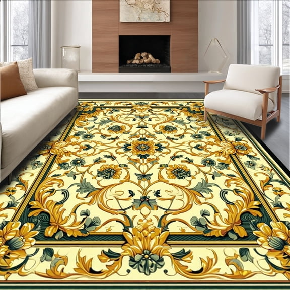 ODIKA 4'x6' Machine Washable Non-Slip Area Rug, Elegant Italian Inspired Scrollwork With Baroque Floral Elegance High Traffic Rug, Yellow, 166367