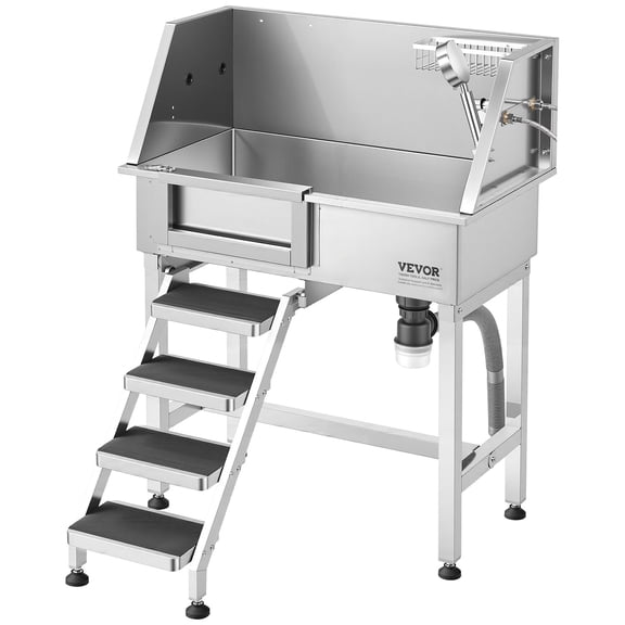 VEVOR 34" Dog Washing Station, Stainless Steel Pet Grooming Tub Bathtub, Professional Dog Wash Sink with Shower, Faucet, Soap Holder, Non-Slip Stairs Easy-Clean Design for Small Pets Cats (Left Door)
