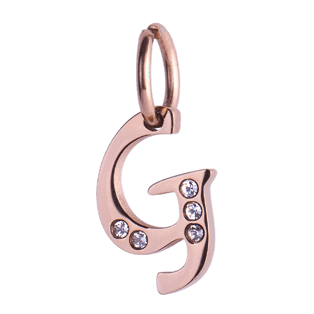 Charm para Pulsera LuckyLy, Dije Inicial Letra A, Acero Inoxidable con Baño de Oro Rosa 18k y Zirconia Cúbica, Modelo Lizzy rosa Letra G