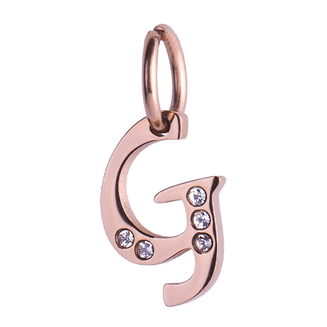 Charm para Pulsera LuckyLy, Dije Inicial Letra A, Acero Inoxidable con Baño de Oro Rosa 18k y Zirconia Cúbica, Modelo Lizzy rosa Letra G