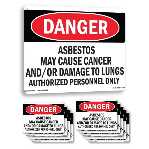 Contains Asbestos Fibers OSHA Danger Rigid Plastic Sign 10 Inch x 7 Inch - 10 Pack