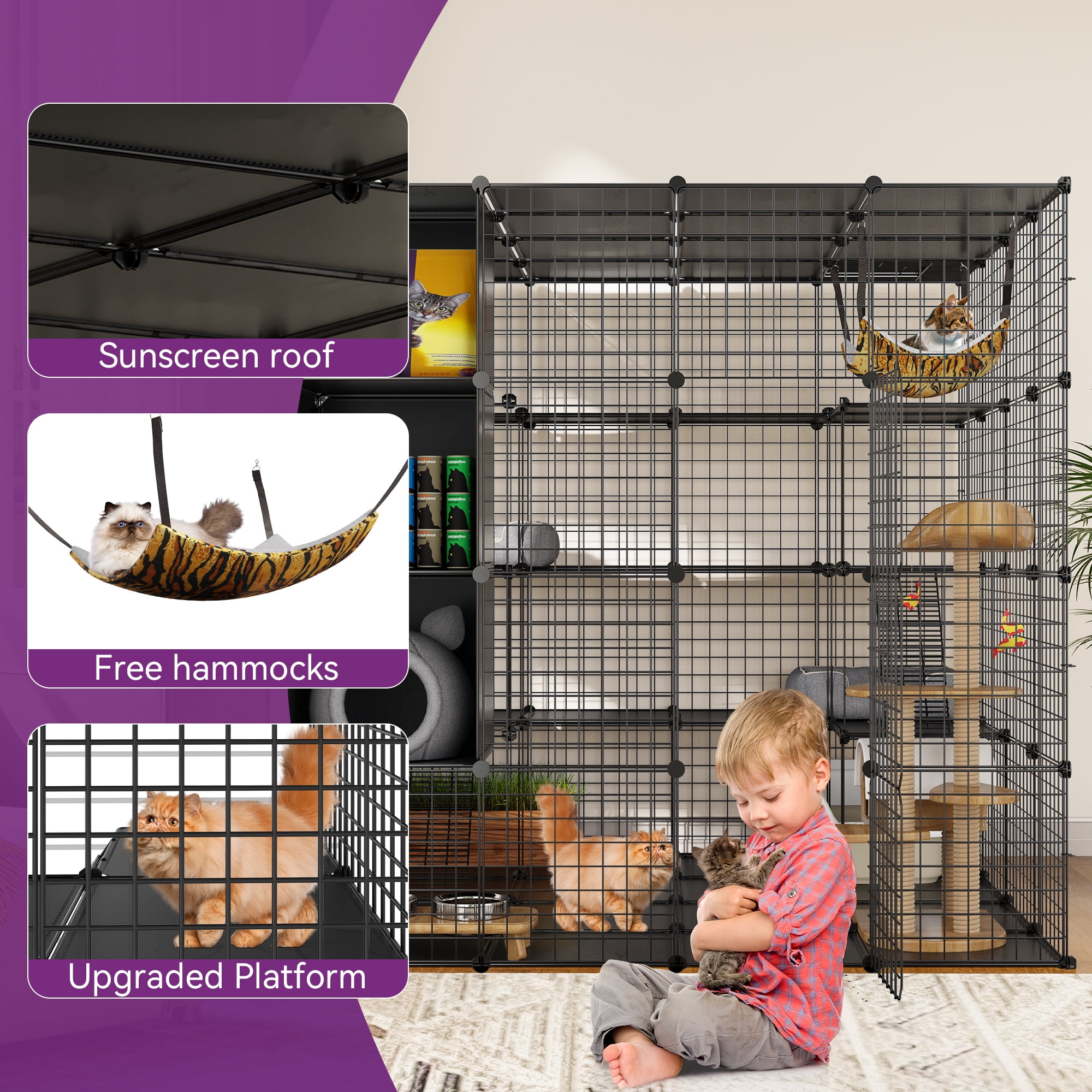 Uforic Cat Cage 4-Tier Cat Kennel for 1-4 Cats Metal Cat Haven with Hammock, DIY Indoor Catio Enclosure Spacious Cat Playpen(55"L x55"W x 55"H)