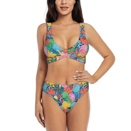 Zeuib Starfish And Algae High Waisted Tummy Control Bikini Set - Knot Front Push Up Top & Cheeky Thong Bottom  Two-Piece Swimsuit for Women-XX-Large