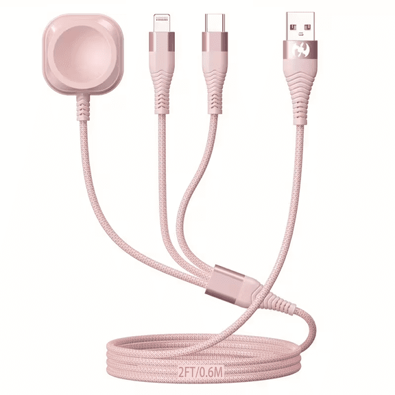 Multi Charging Cable 3 in 1, 2FT Pink Braided Universal Phone Charger Cord with Type-C, Micro USB, IP Port for iPhone17/16/14/Android Phones