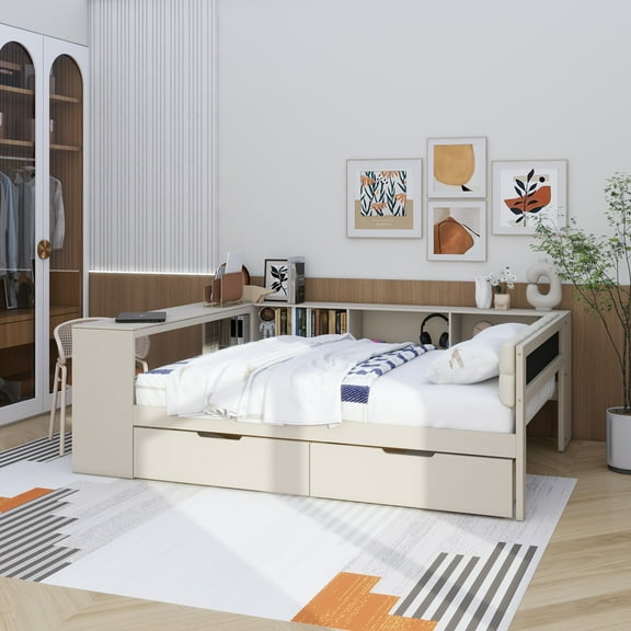 Wood Full Size Platform Bed with Storage Shelves, Drawers, Charging Station and Upholstered Headboard, Cream