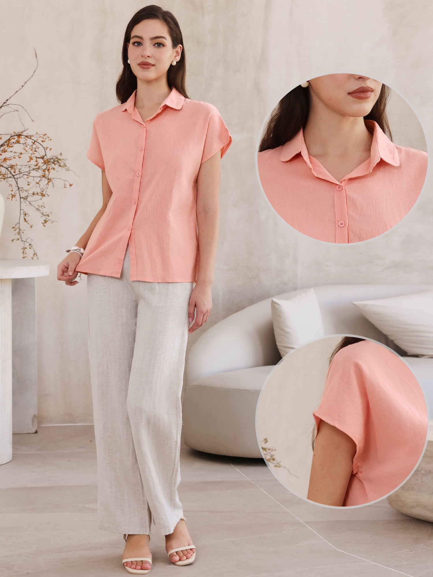 DARING DIVA Women's Linen Button Down Short Sleeve V Neck Tops 2XL Pink
