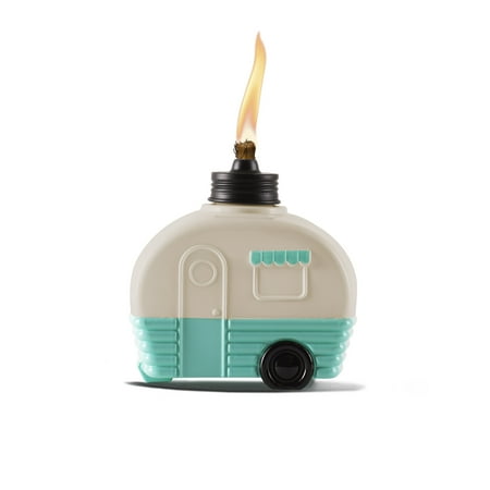 TIKI Brand Decorative Glass 5.85 inch Tall Camper Tabletop Torch White and Turquoise