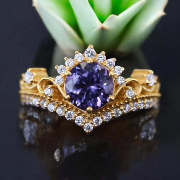 Alexandrite Wedding Ring Purple Gemstone Promise Ring Engagement Women Jewelry CZ Diamond Half Halo Proposal Ring Antique Gift Ring