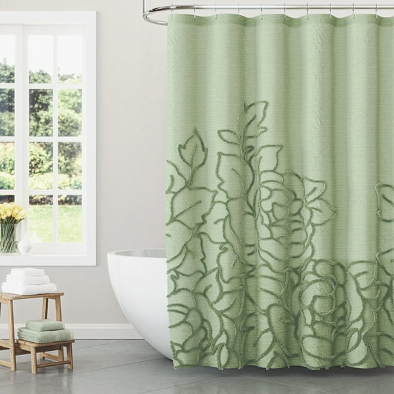 Beautiful Sage Green Botanical Branch Chenille Cotton Shower Curtain by Drew Barrymore, 72" x 72"