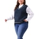 thumbnail image 4 of Chaleco de suéter sin mangas de punto de cable a rayas de cuello en V para mujeres Agnes Orinda talla grande 3X azul marino, 4 of 5