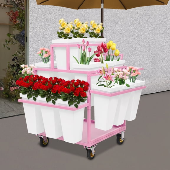 Metal Garden Cart Plant Stand with 18pcs Buckets, Slide Out Rolling Flower Display Rack Pink Flower Cart Display Stand with Wheels for Wedding Garden Florist Home