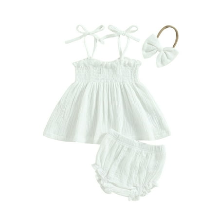 

Baby Girls Summer Clothes Sets 3PCS Solid Ruffles Sleeveless Shirred Dress Vest+Shorts Hairband