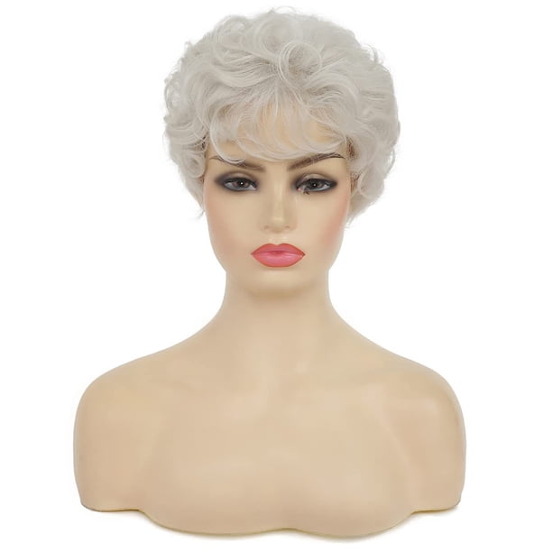 Peluca genérica para cosplay, corta, blanca, rizada, sintética