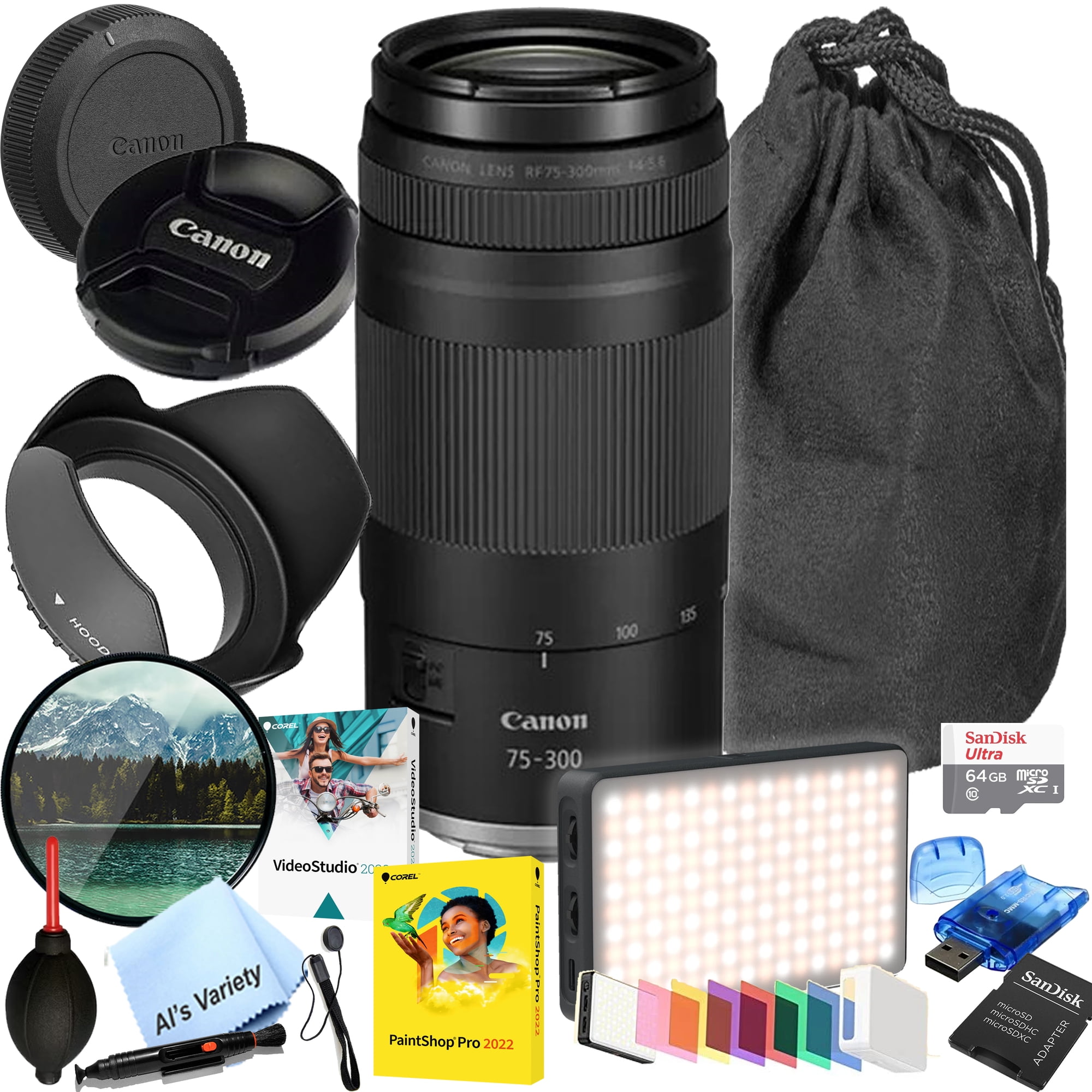 Canon RF 75-300mm f/4-5.6 Lens (Canon RF)-64GB Memory, LED Video Light, Filter, Software and more and More (International Version)