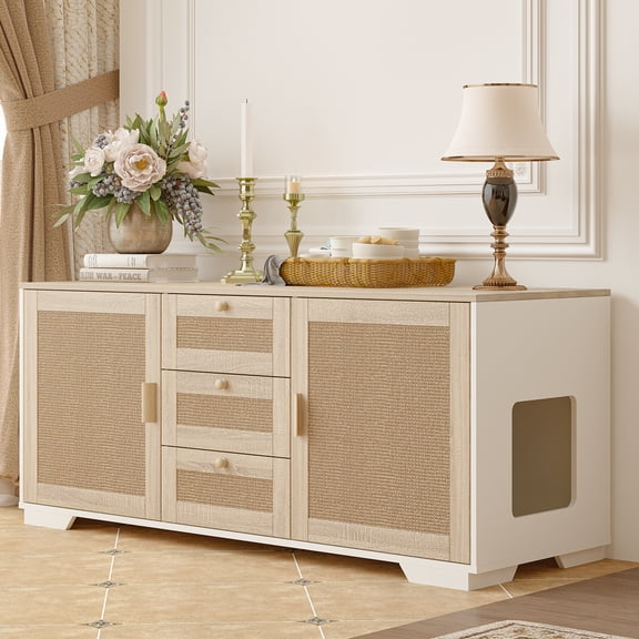 Faceket Extra Large Hidden Indoor 2-in-1 Wooden Litter Box Furniture with Scratching Board Doors and 3 Drawer, White