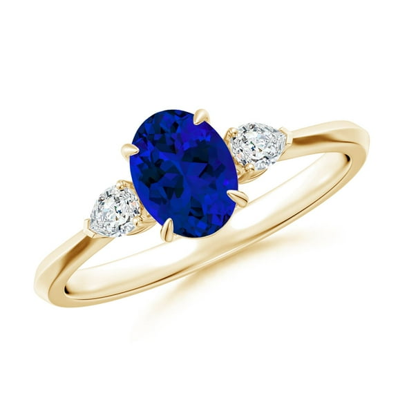 ANGARA Lab Grown Blue Sapphire & Diamond 3 Stone Engagement Ring in 14K Yellow Gold for Women (Size-7x5mm) | September Birthstone, Anniversary, Jewelry Gift for Women | Lab Grown Blue Sapphire Ring