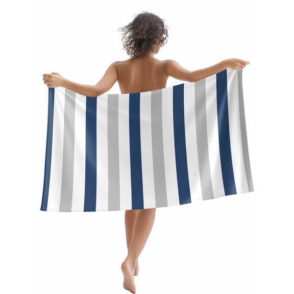 Striped Beach Towels Blanket Soft & Absorbent Quick Dry Microfiber Navy Blue Gray White Pool Towels for Swimming ,Yoga, Sports, Gym, Camping,Large 30X60in,