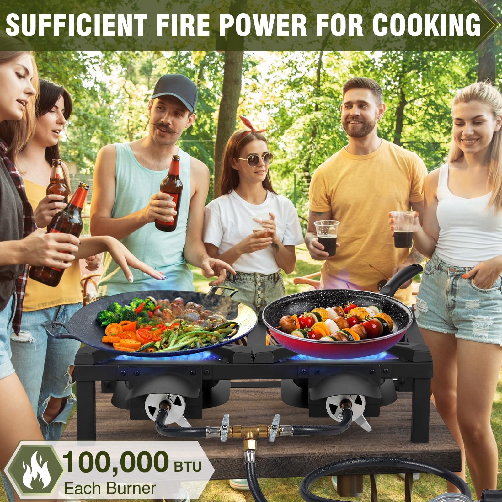 Frizi 200,000 BTU Double Propane Burner - High Pressure Outdoor Gas Camping Stove with Adjustable Regulator & Hose